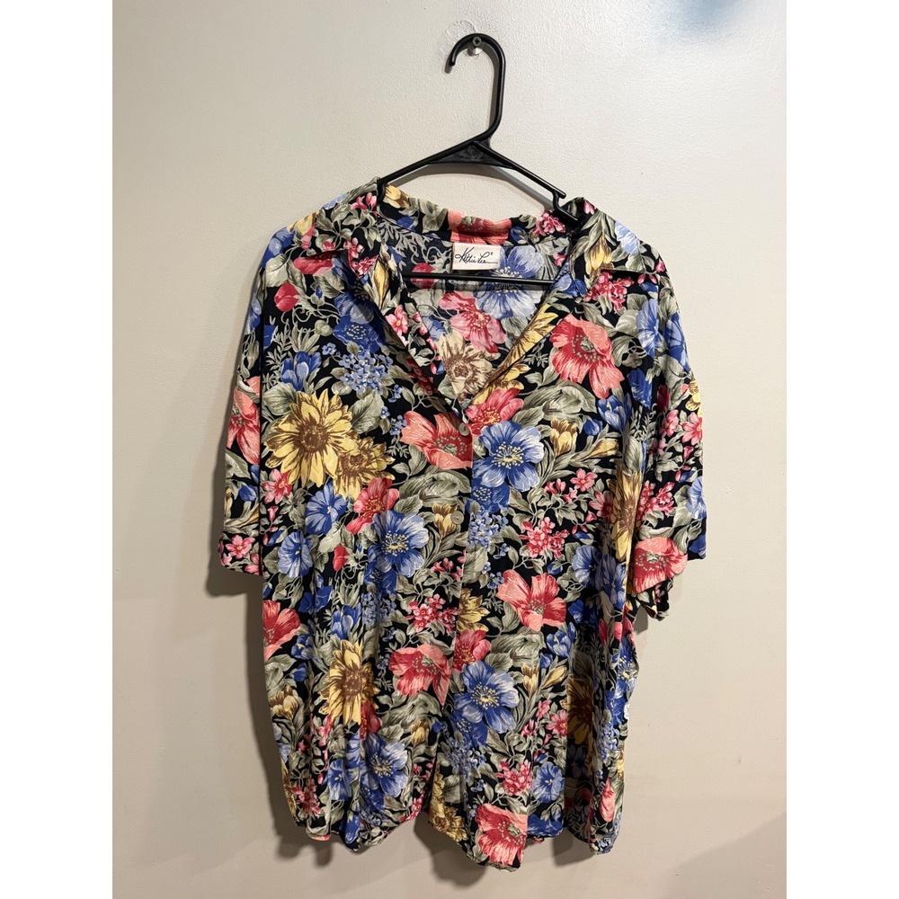 Kathie Lee Vintage Floral Rayon Button Down Shirt Short Sleeve Black Sunflowers